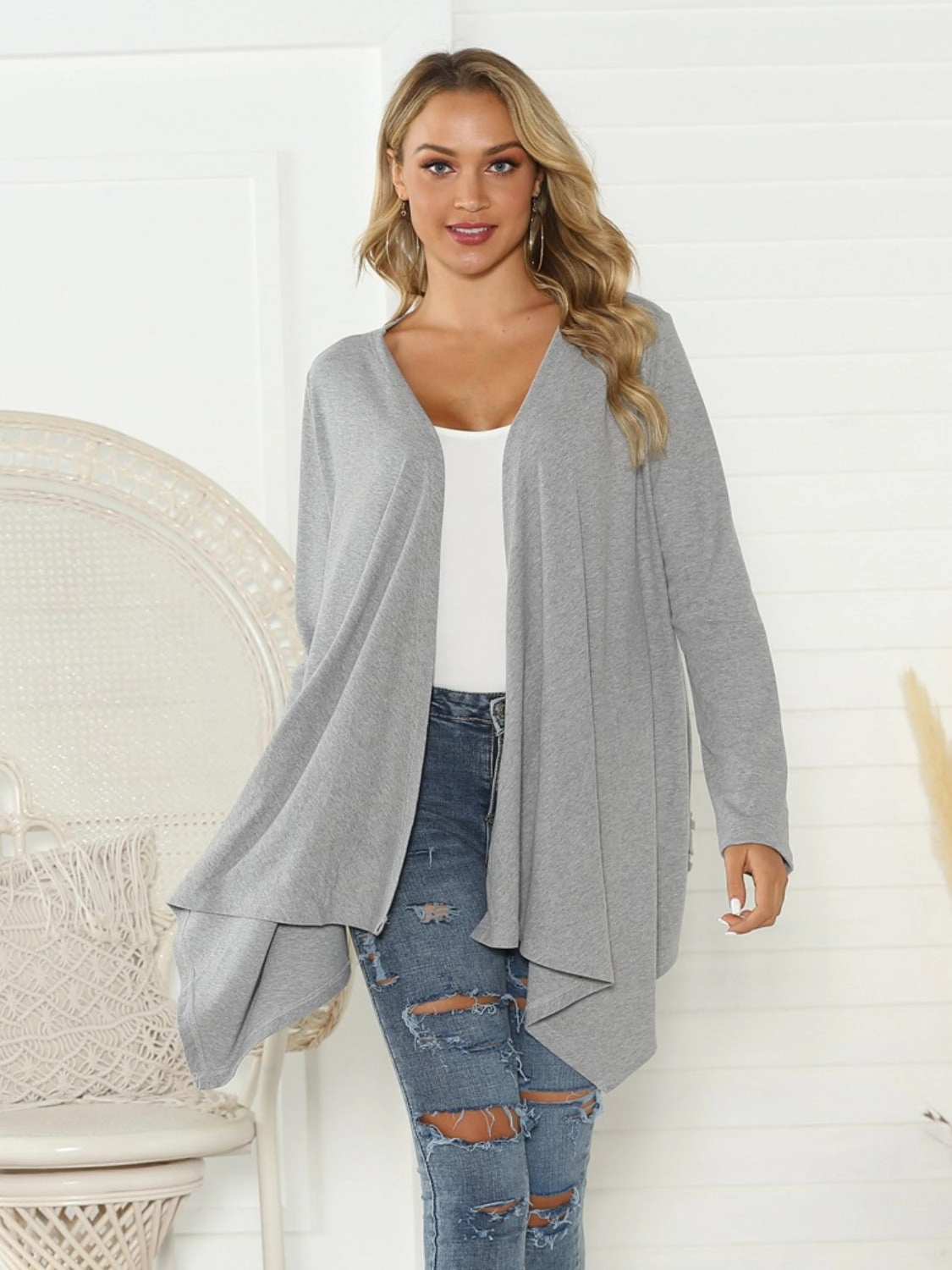 Special Deal Frenzy Shiny Floral Open Front Long Sleeve Cardigan