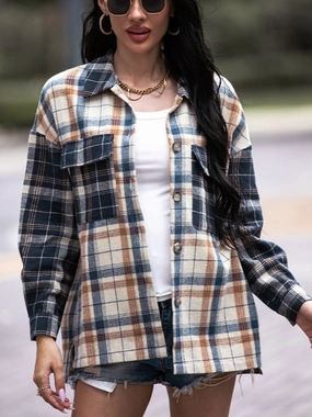 Shiny Plaid Dropped Shoulder Shacket Flash Discount Today
