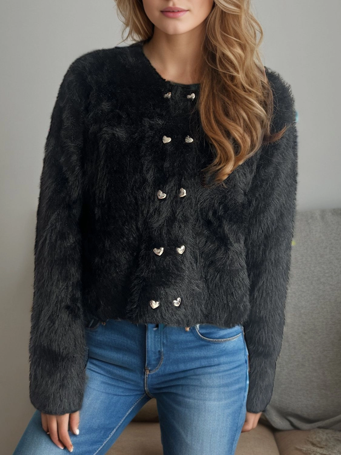 Heart Button Round Neck Cardigan Perfect Gift Offer
