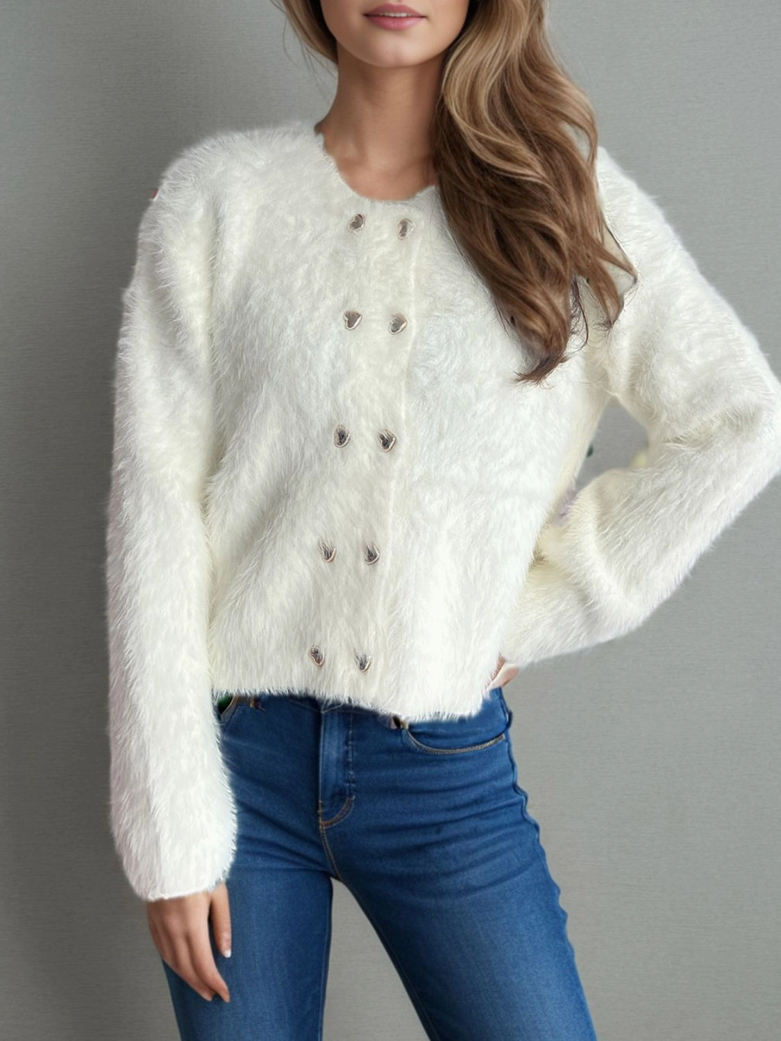 Surprise Offer Now Todays Trending Deals Heart Button Round Neck Cardigan