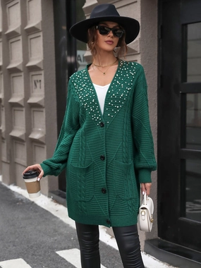 Today Only Special Flash Offer Today Perfee Pearl Detail Cable-Knit Button Up Cardigan