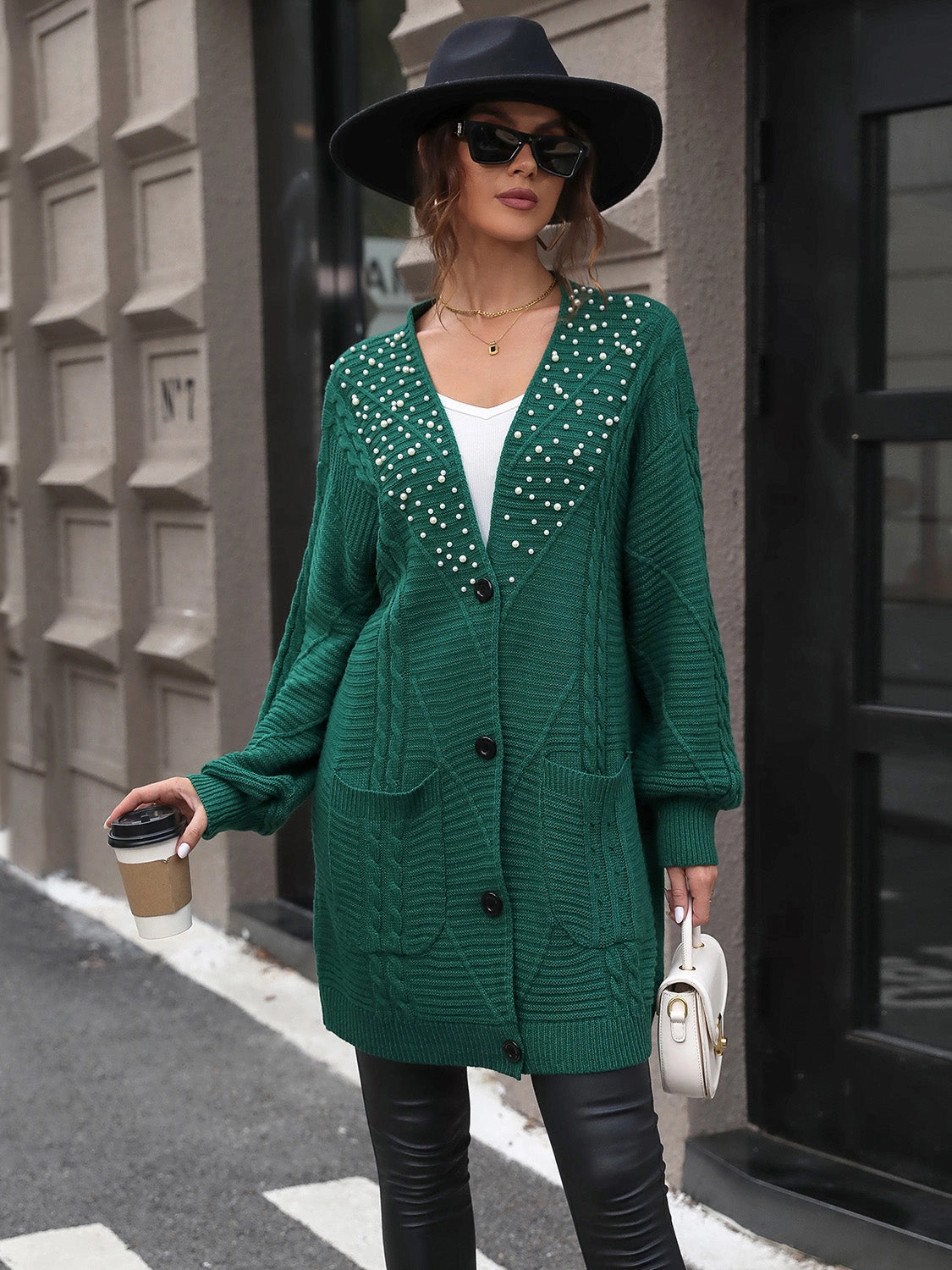 Flash Discount Today Perfee Pearl Detail Cable-Knit Button Up Cardigan