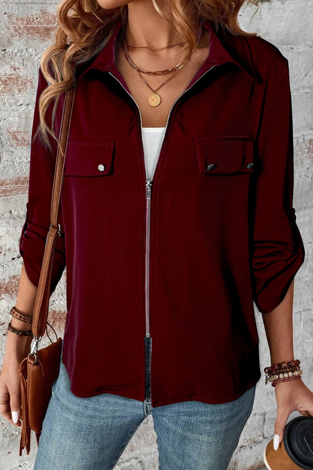 Pocketed Zip Up Collared Neck Long Sleeve Jacket Flash Discount Today Special Steal Event