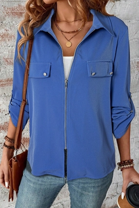 Limited Stock Hot Deal Pocketed Zip Up Collared Neck Long Sleeve Jacket