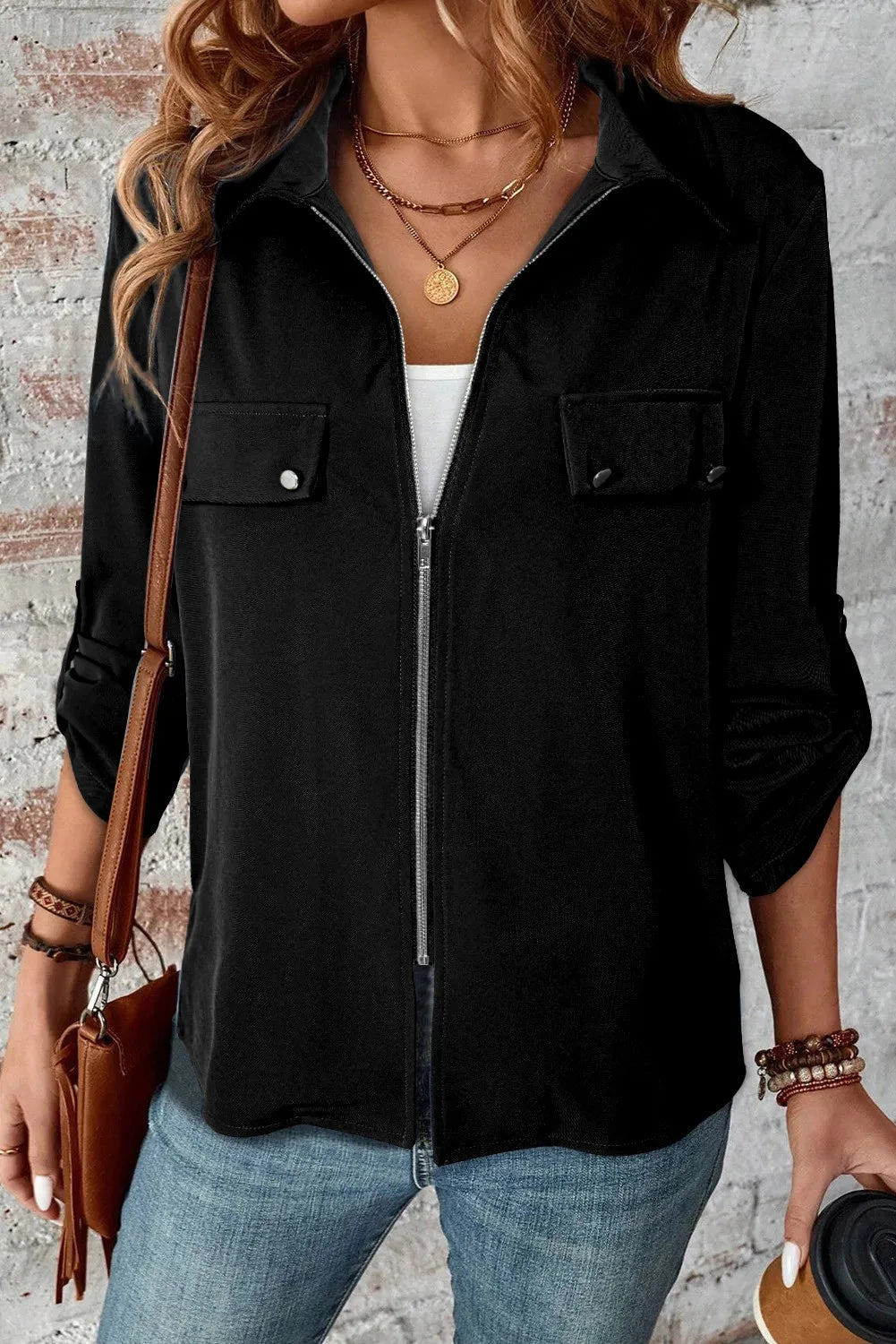 Special Price Today Pocketed Zip Up Collared Neck Long Sleeve Jacket