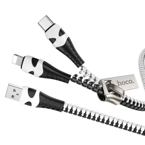 Hot Offer Ending Soon Hoco U97 Zipper 2-In-1 Usb To Lightning / Type-C Charging Cable - Black White