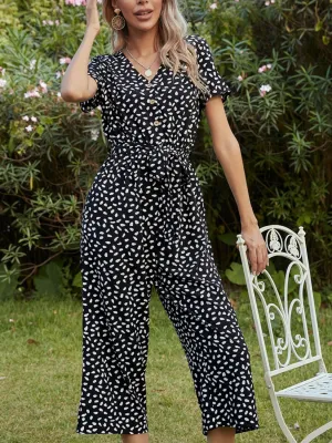 Steal Todays Offer Ivy Lane Printed V-Neck Short Sleeve Jumpsuit