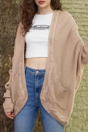 Cable-Knit Open Front Cardigan With Pockets Hot Offer Inside