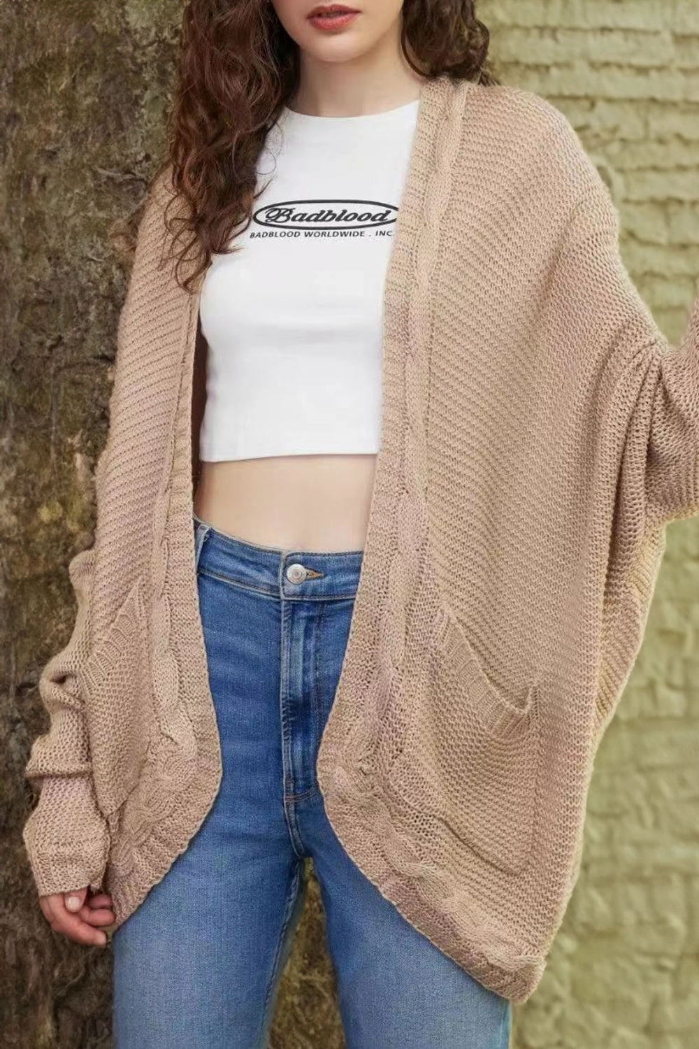 Cable-Knit Open Front Cardigan With Pockets Mega Online Discount