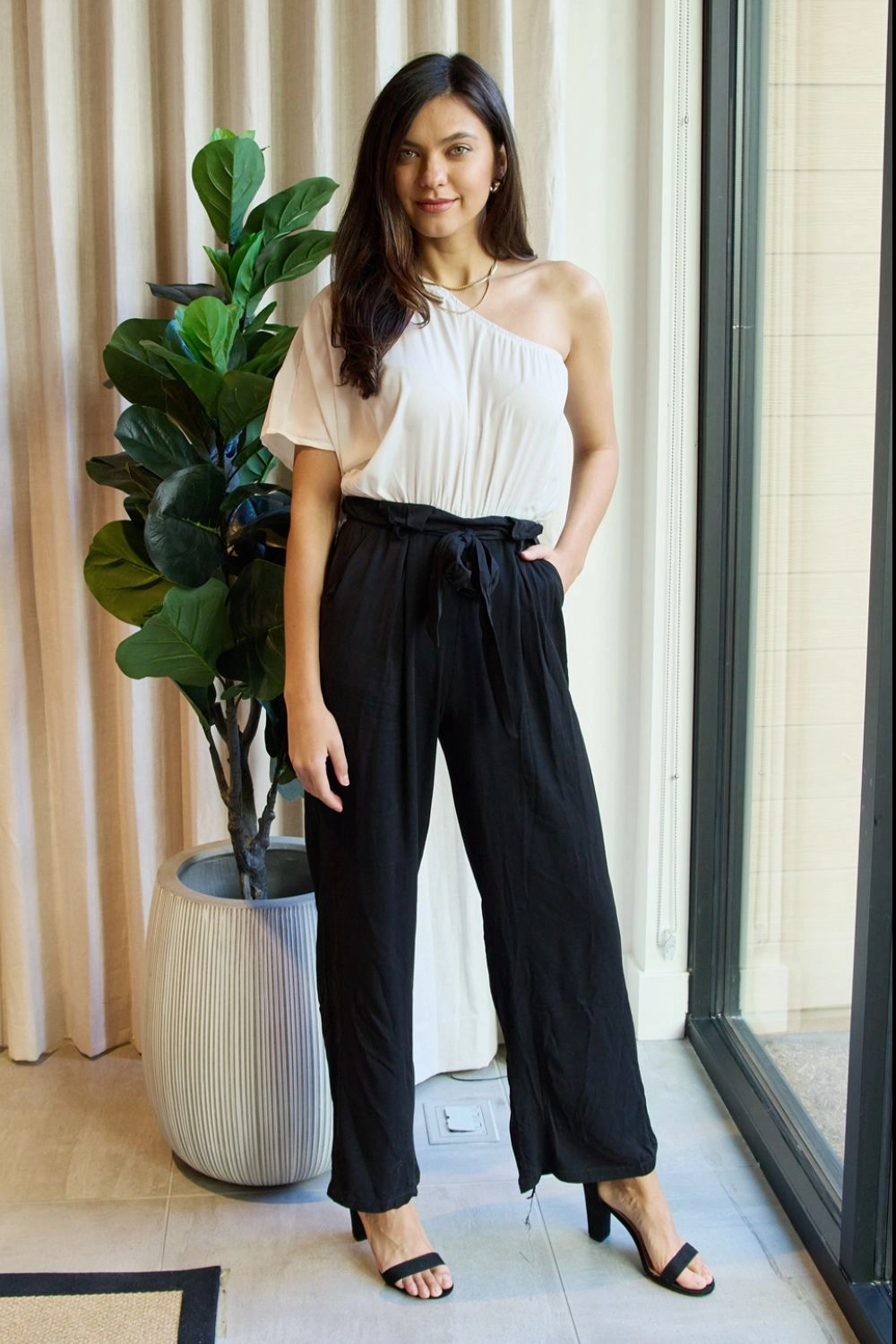 Dress Day Marvelous In Manhattan One-Shoulder Jumpsuit In White/Black Shop the Best Deals Online Exclusive Deal