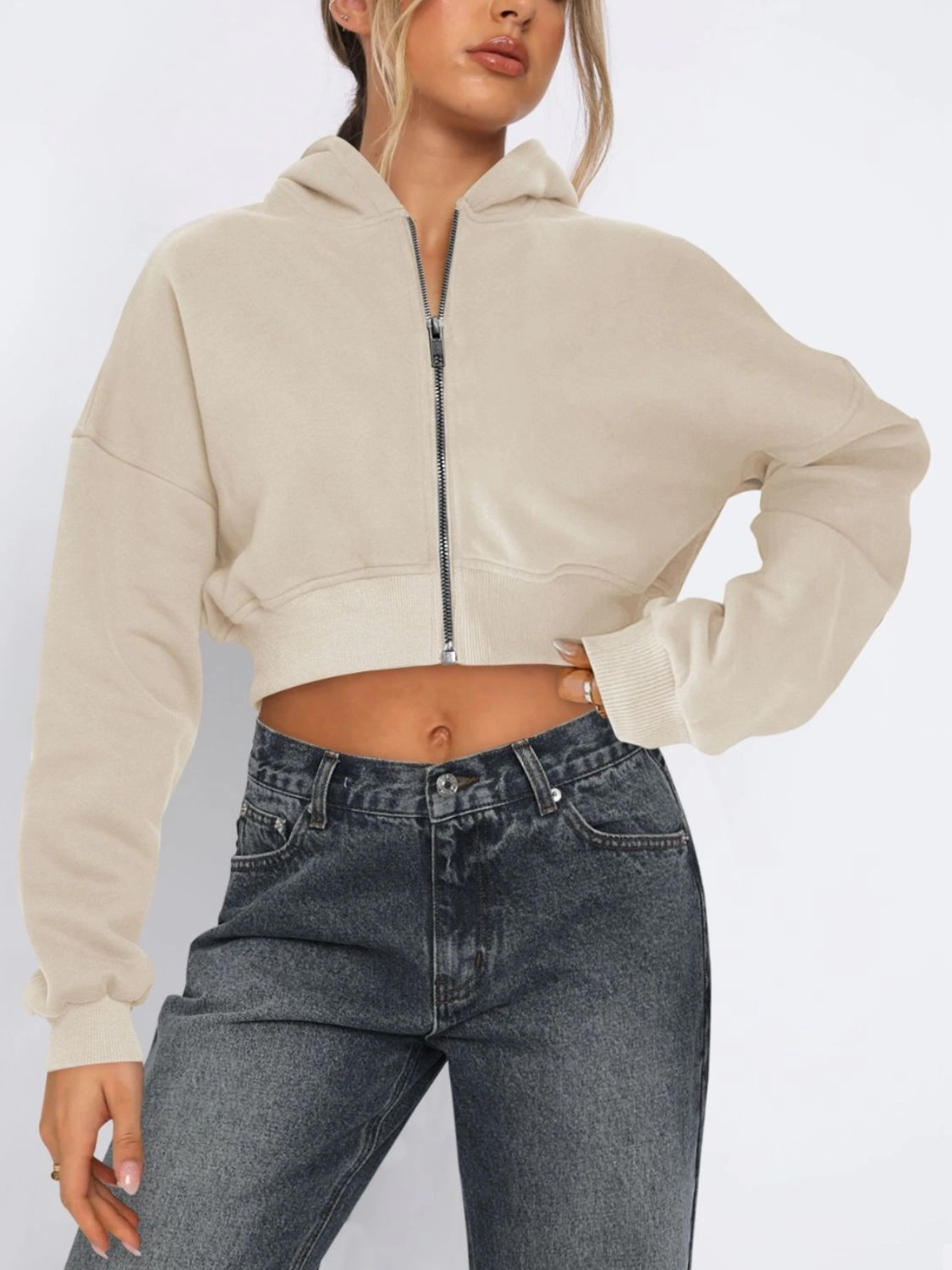Zip Up Long Sleeve Hooded Cropped Jacket Flash Deal Today