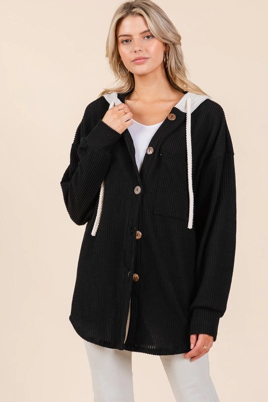 Special Deal Frenzy Bombom Textured Button Down Drawstring Hooded Shacket