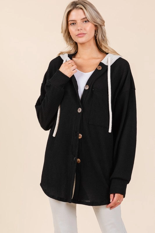 Bombom Textured Button Down Drawstring Hooded Shacket Save More Now