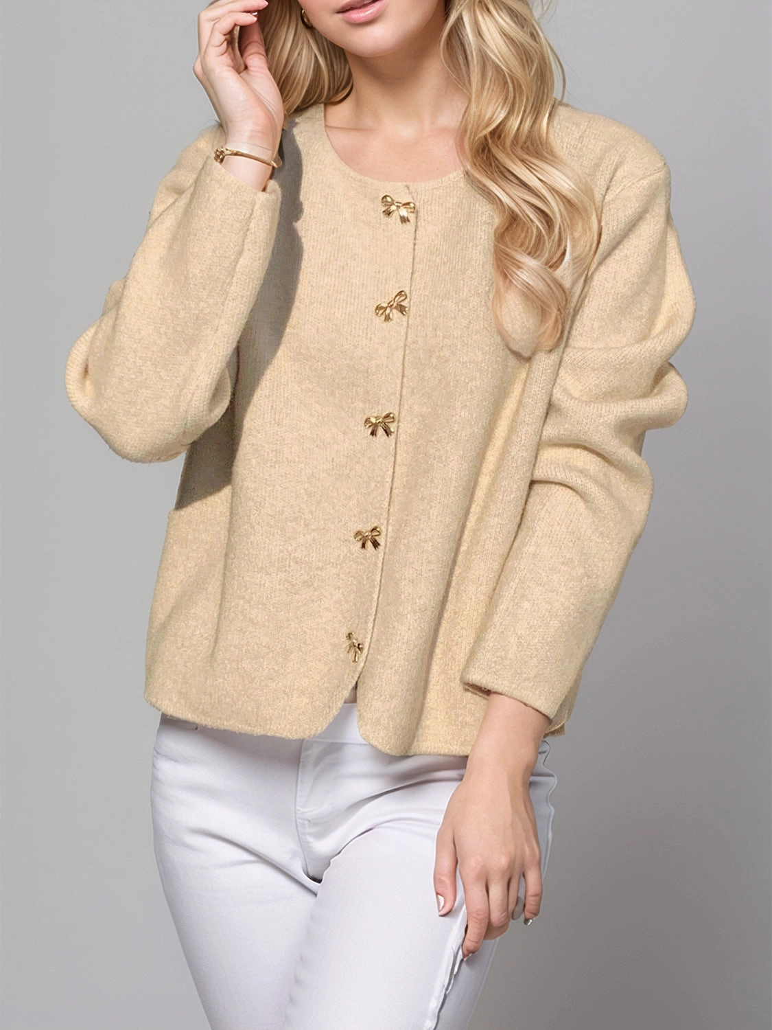 Daily Clearance Deal Instant Savings Inside Bow Button Down Round Neck Long Sleeve Cardigan