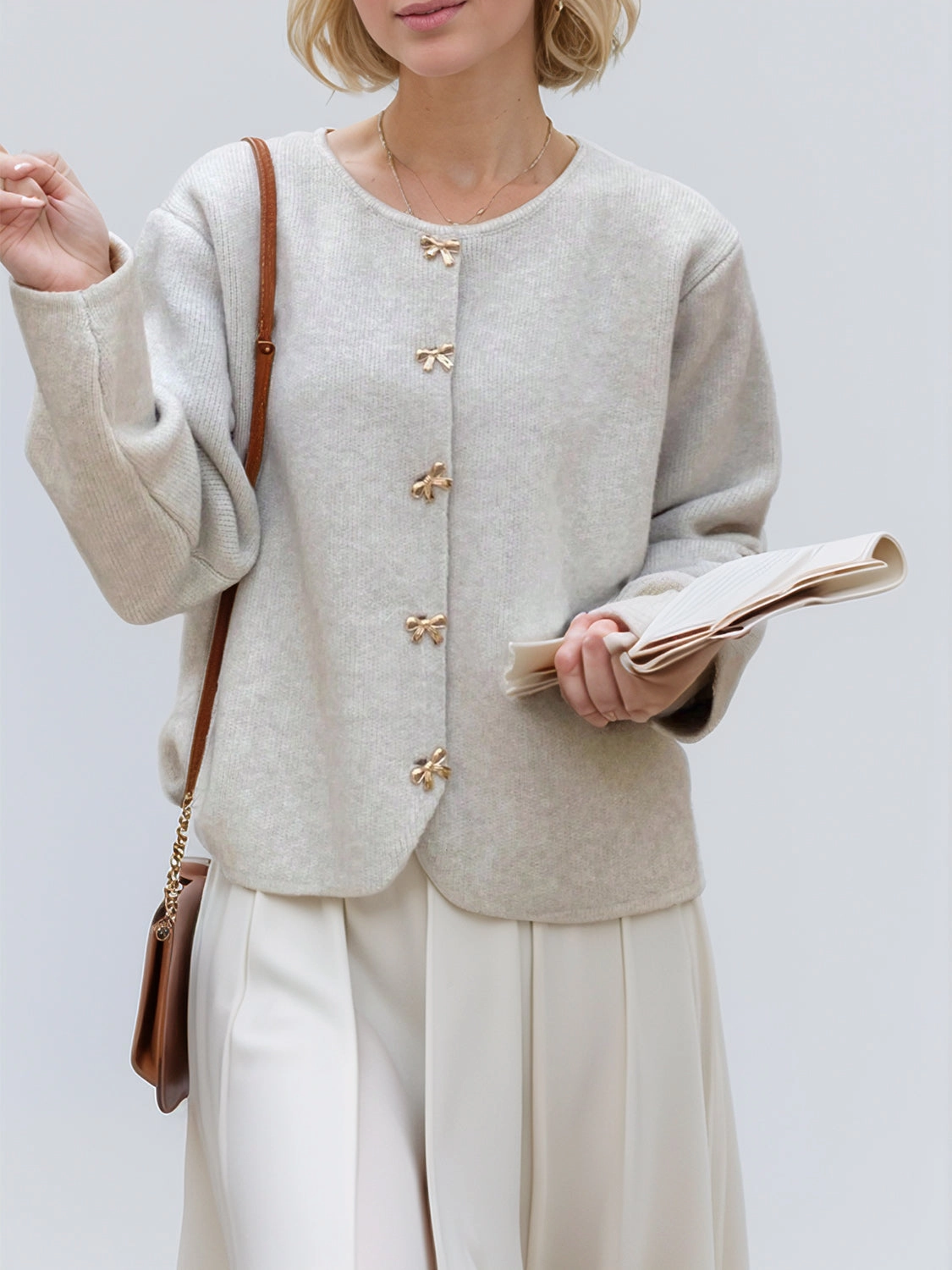 Bow Button Down Round Neck Long Sleeve Cardigan Best Deal Alert