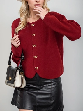 Trending Today Steal Save Today Event Bow Button Down Round Neck Long Sleeve Cardigan