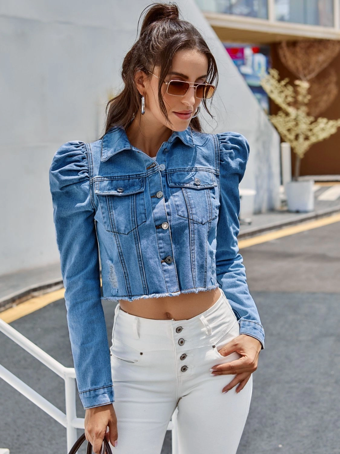 Button Down Raw Hem Cropped Denim Jacket Limited Stock Alert