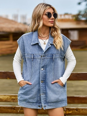 Button Up Collared Neck Sleeveless Denim Jacket Clearance Savings Now