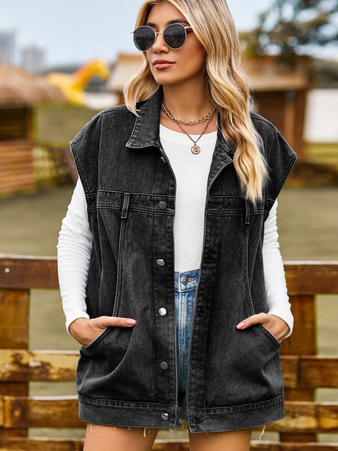 Button Up Collared Neck Sleeveless Denim Jacket Flash Deal Alert MustHave Items