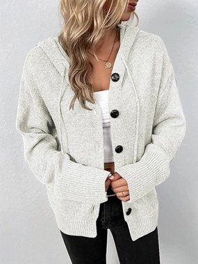 Button Up Drawstring Long Sleeve Hooded Cardigan Limited Time Offer