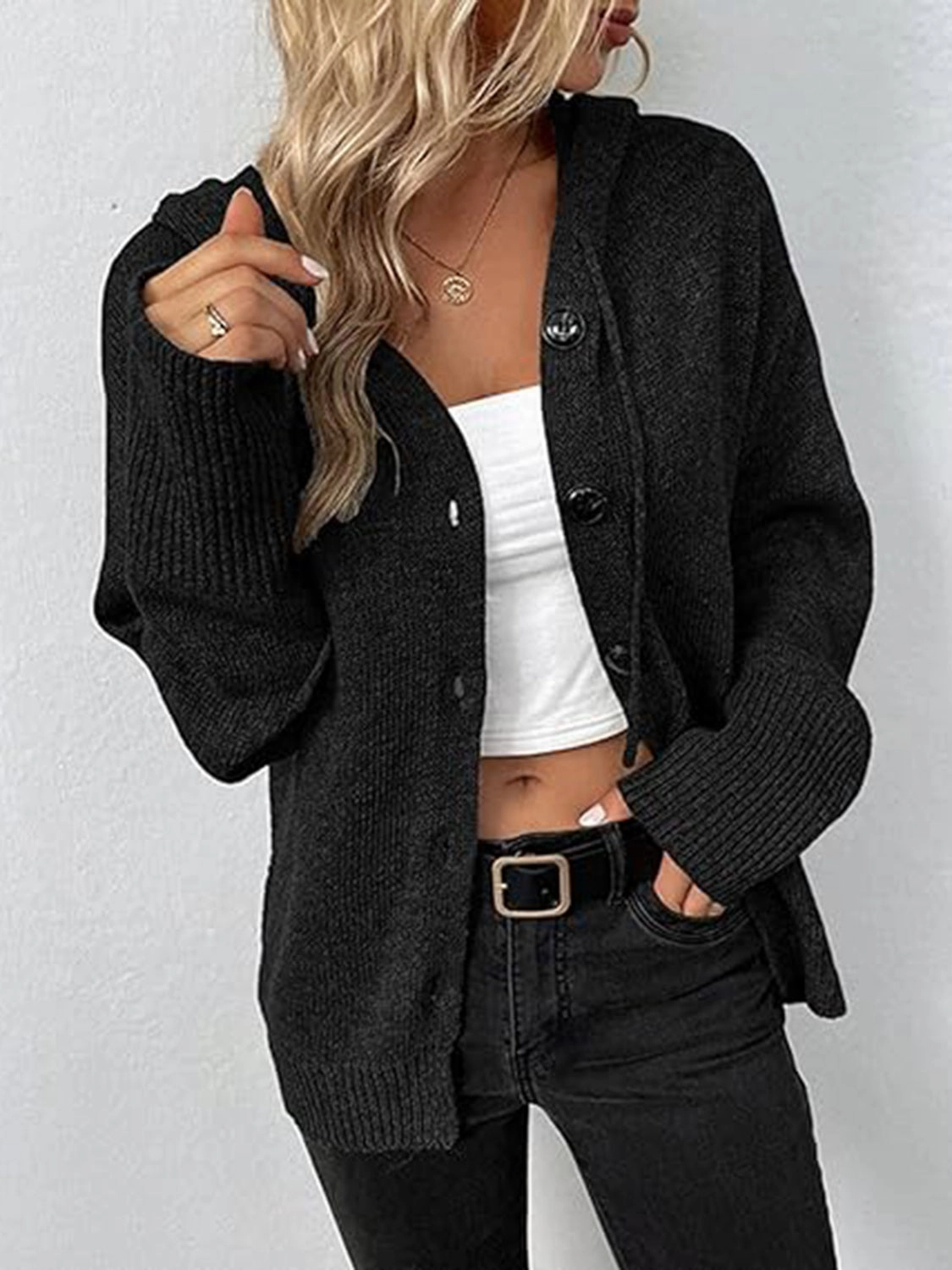 Special Savings Today Button Up Drawstring Long Sleeve Hooded Cardigan