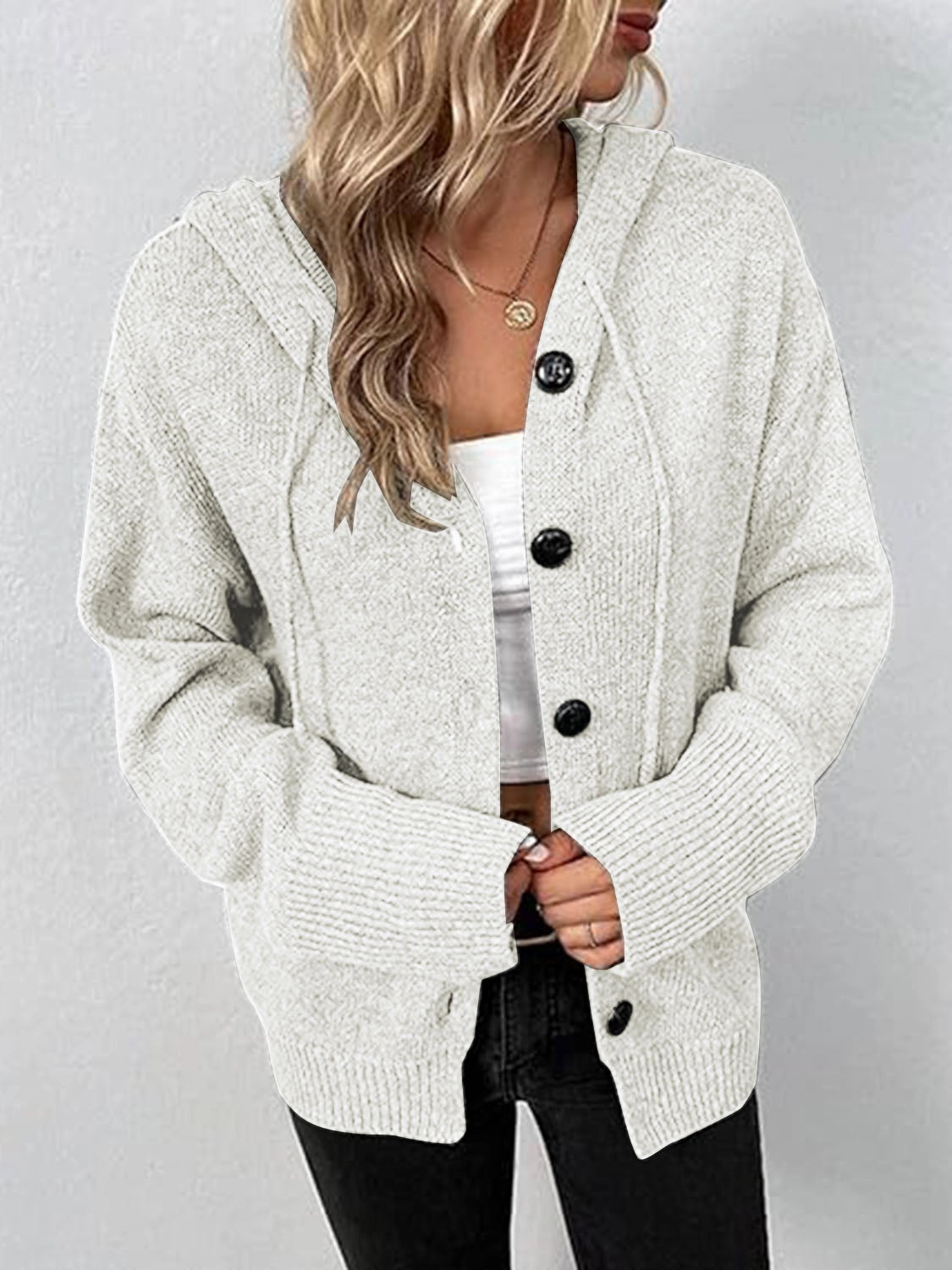 Button Up Drawstring Long Sleeve Hooded Cardigan Best Seller Deal
