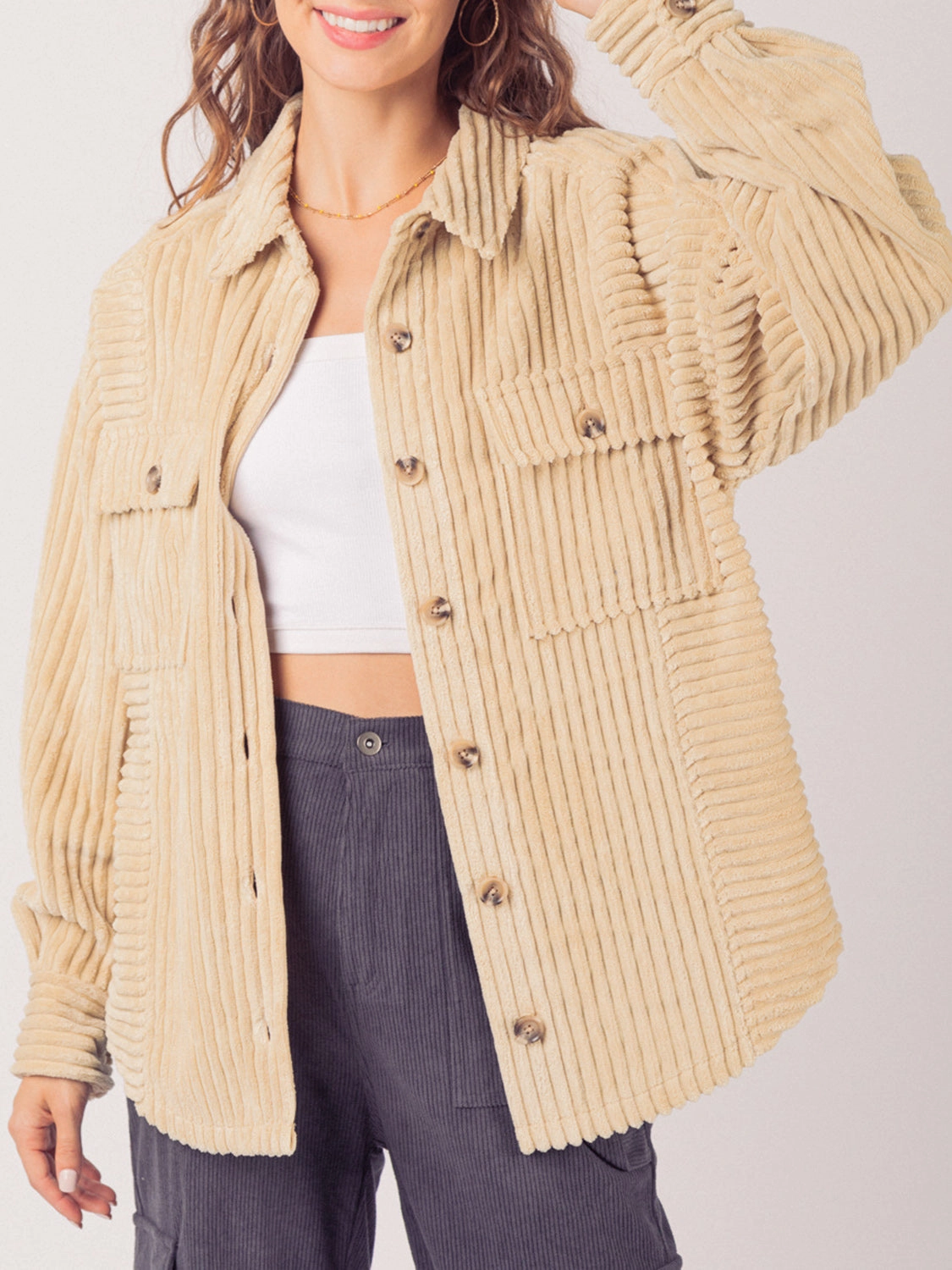 Instant Savings Inside Button Up Long Sleeve Corduroy Jacket
