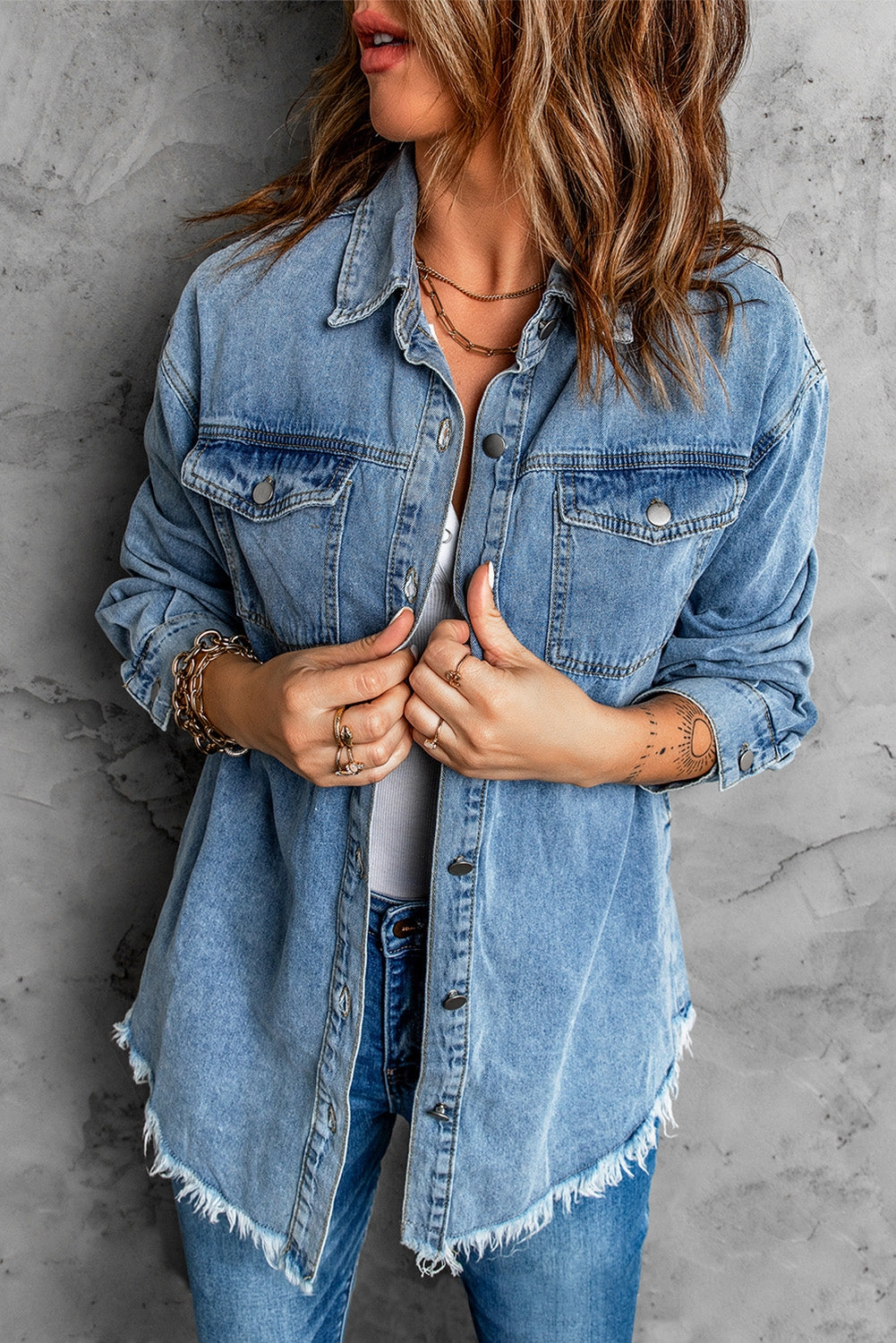Clearance Event Alert Best Seller Discount Button Up Pocketed Raw Hem Denim Jacket