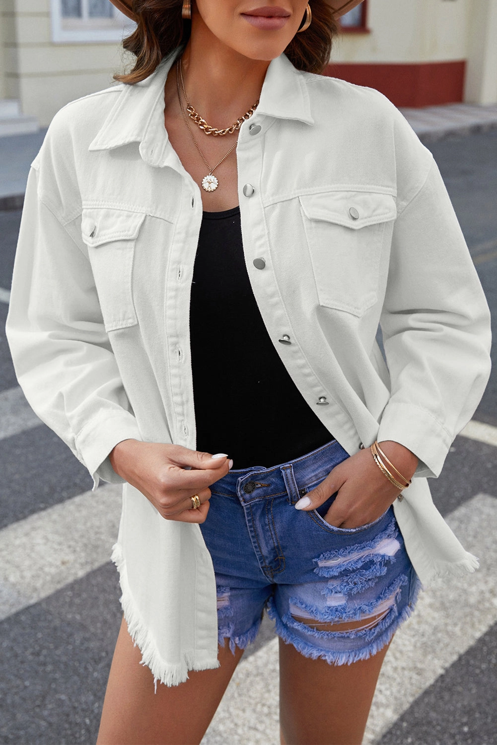 Best Deal Today Button Up Pocketed Raw Hem Denim Jacket