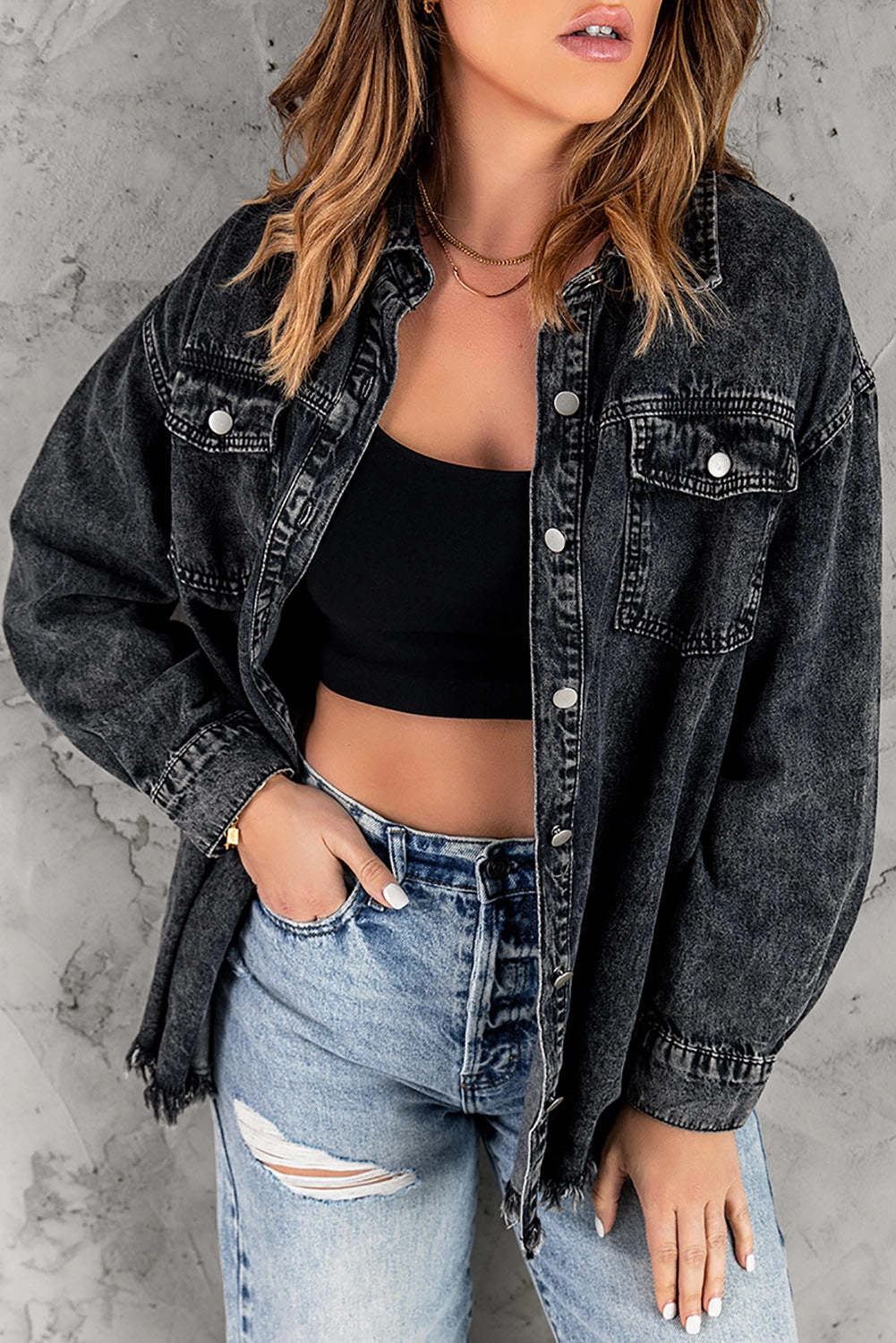 Surprise Offer Now Button Up Pocketed Raw Hem Denim Jacket