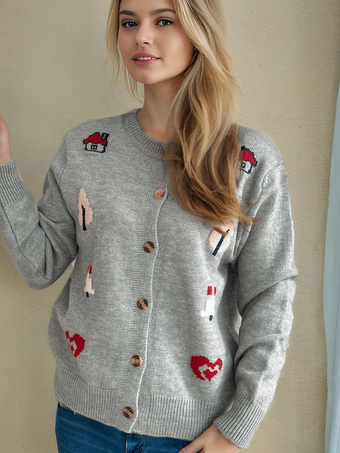 Button Up Round Neck Long Sleeve Cardigan Save More Online Trending Deals Today