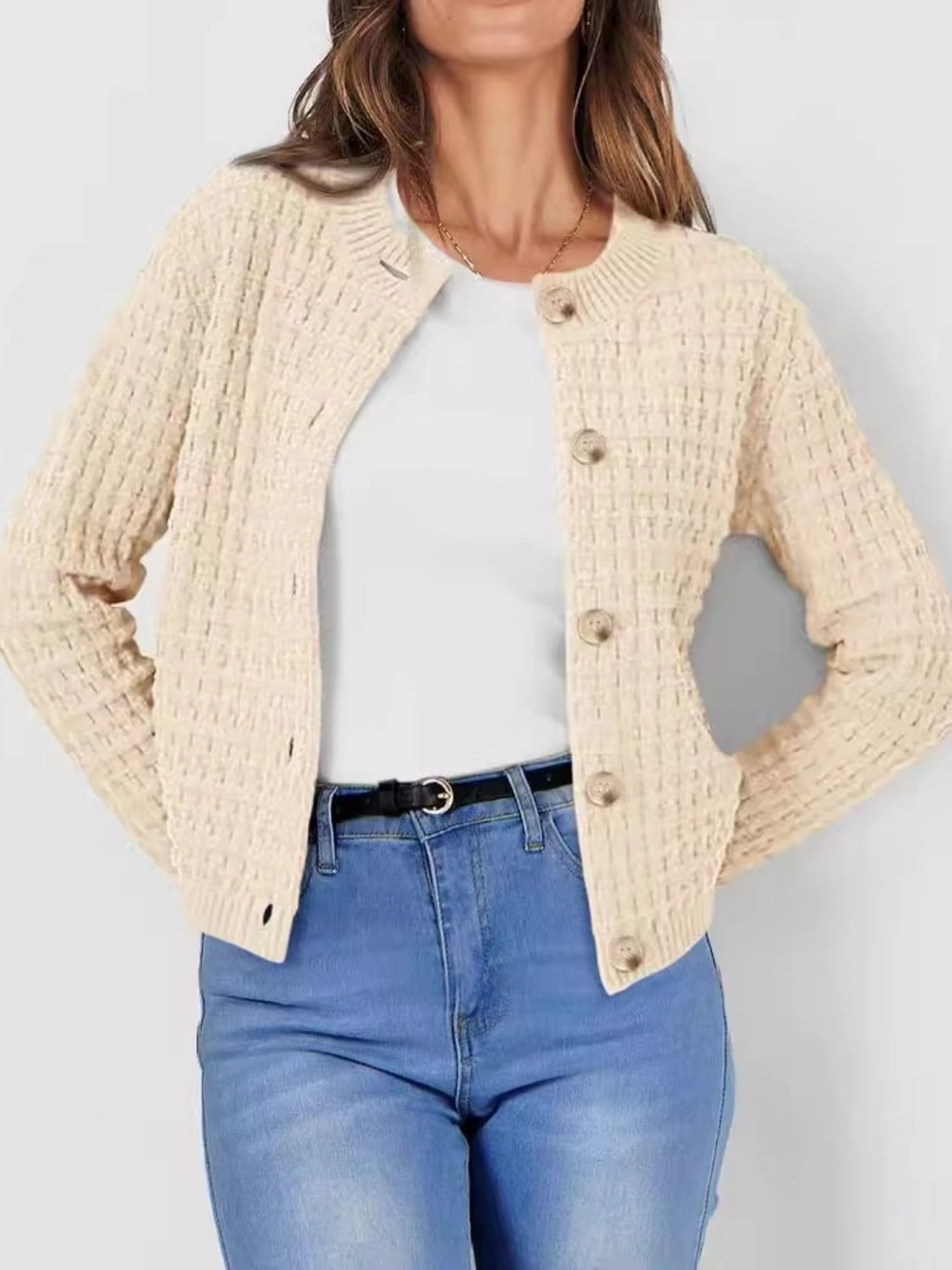 Button Up Round Neck Long Sleeve Cardigan Online Deal Frenzy Shop Smart Deals