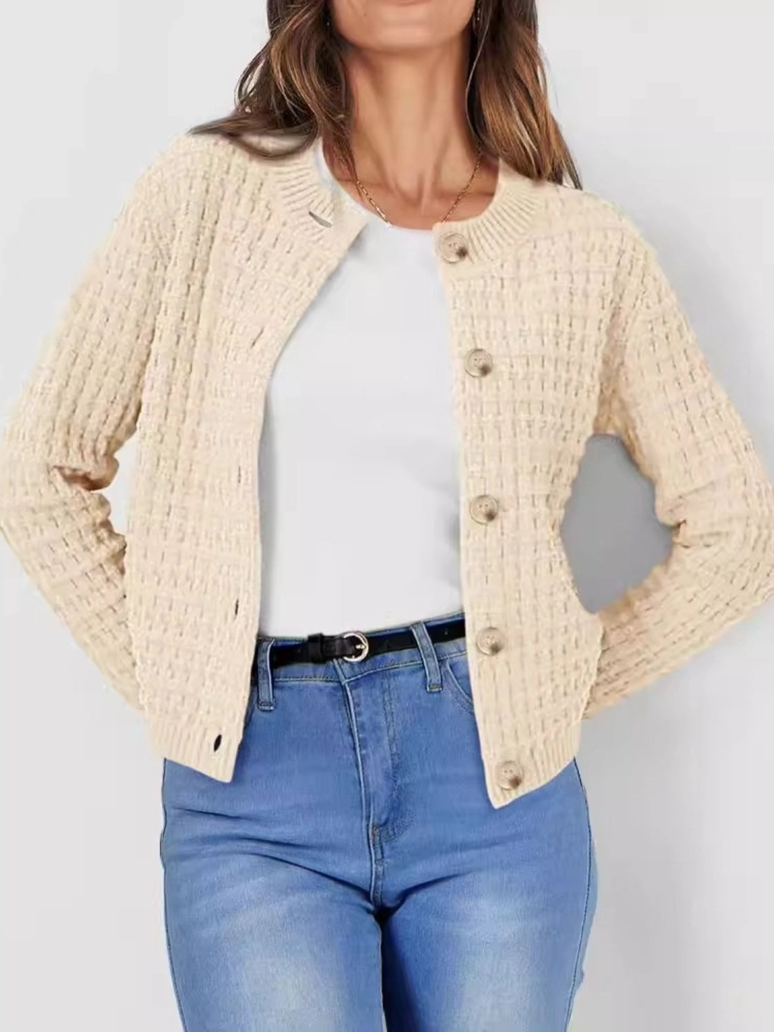 Trending Deals Today Mega Online Discount Button Up Round Neck Long Sleeve Cardigan
