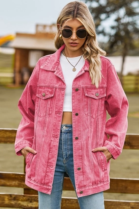Buttoned Collared Neck Denim Jacket With Pockets Dont Miss These Savings