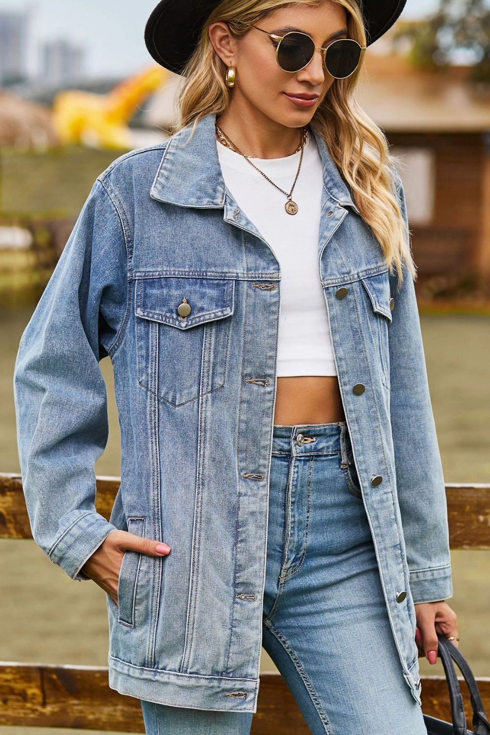 Save Today Event Flash Deal Today Buttoned Collared Neck Denim Jacket With Pockets