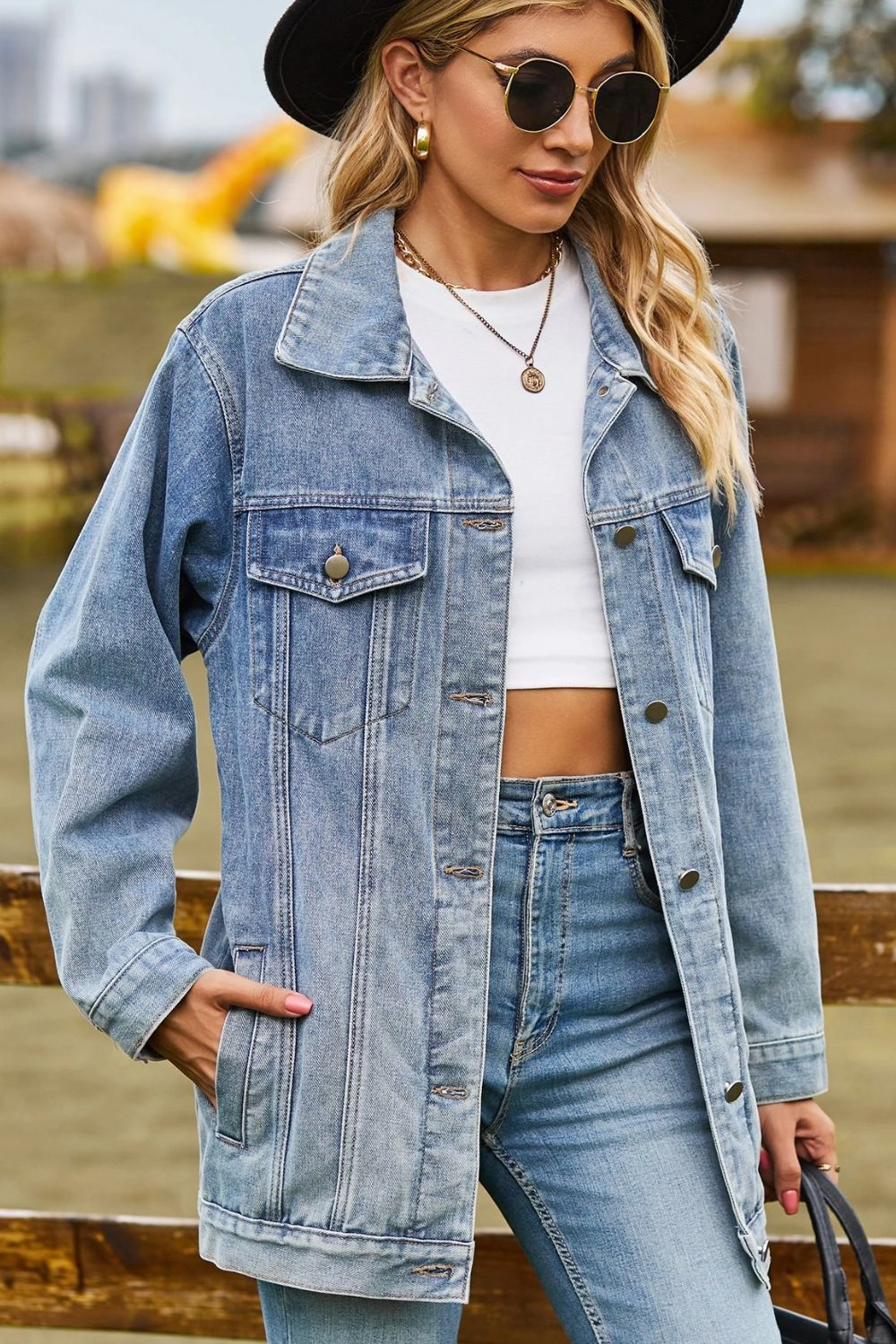 Online Exclusive Deal Buttoned Collared Neck Denim Jacket With Pockets