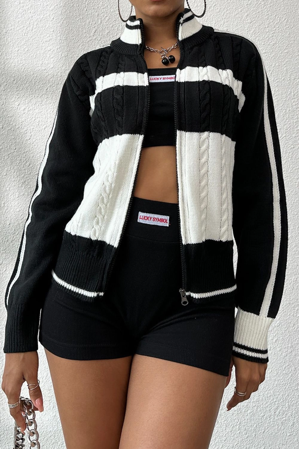 Cable-Knit Color Block Raglan Sleeve Cardigan Online Exclusive Deal Weekend Flash Offer