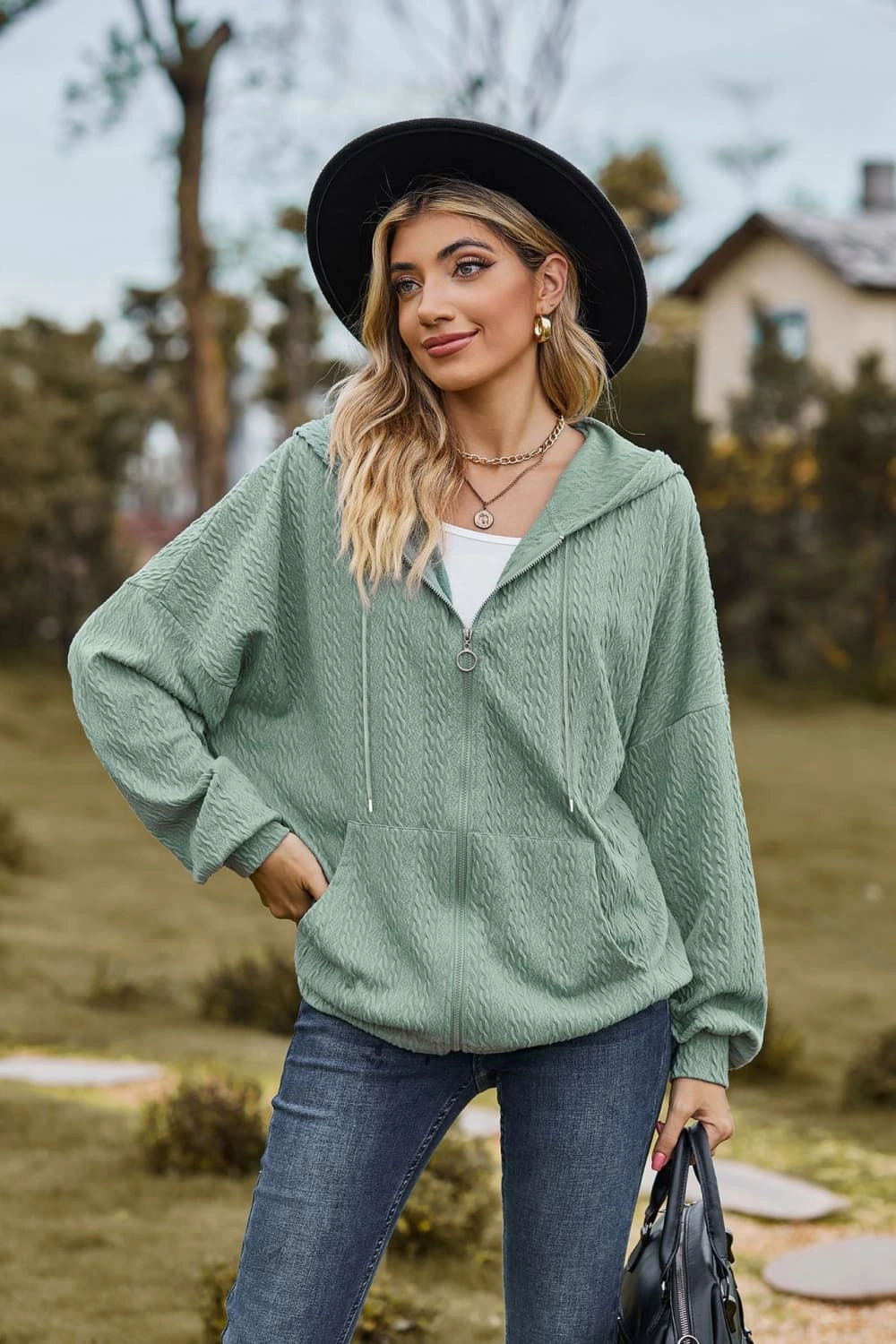 Dont Wait Save Today Cable-Knit Long Sleeve Hooded Jacket