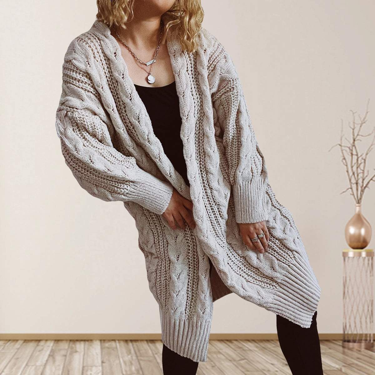 Cable-Knit Open Front Dropped Shoulder Cardigan Surprise Discount Today Dont Wait Save