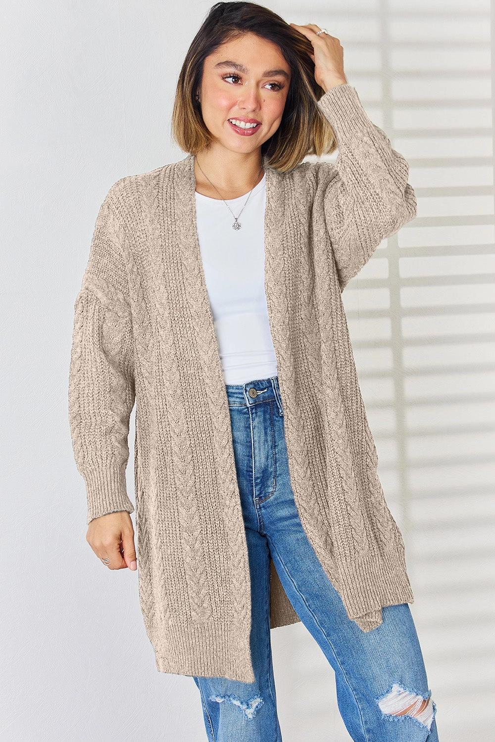 Cable-Knit Open Front Dropped Shoulder Cardigan Flash Sale Now Limited Offer Alert