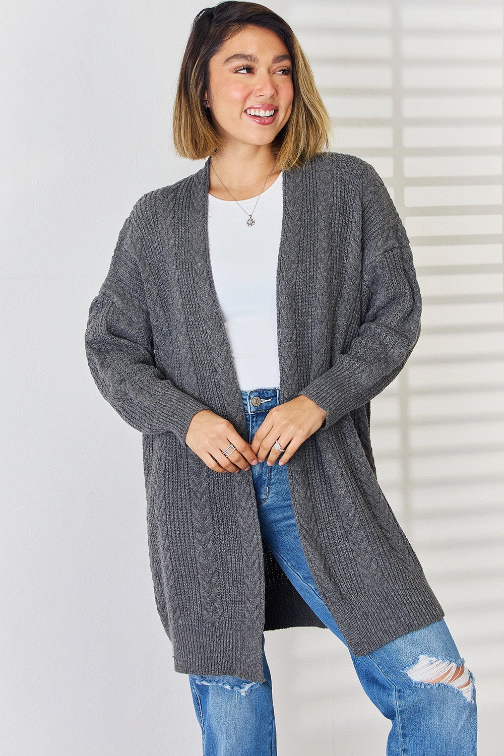 EndofWeek Deals Instant Savings Deal Cable-Knit Open Front Dropped Shoulder Cardigan