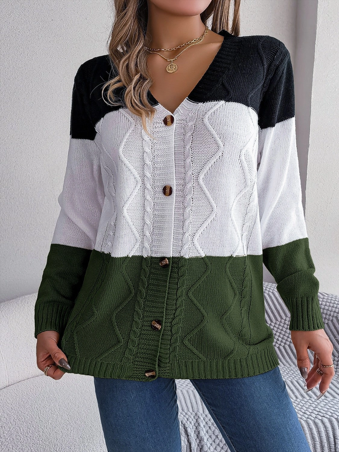 Cable-Knit Striped Button Up Cardigan Today Only Discount Today Only Hot Pick