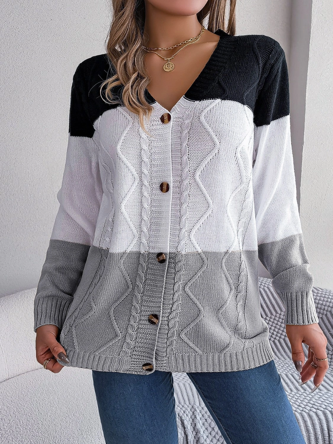 Shop Hot Deals Mega Online Discount Cable-Knit Striped Button Up Cardigan