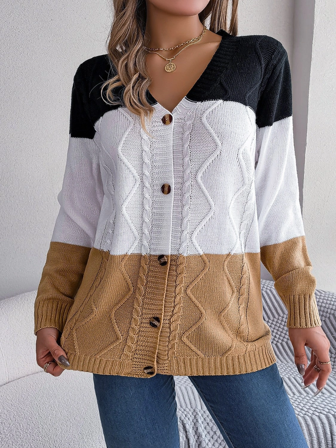 Hot Deal Alert Cable-Knit Striped Button Up Cardigan