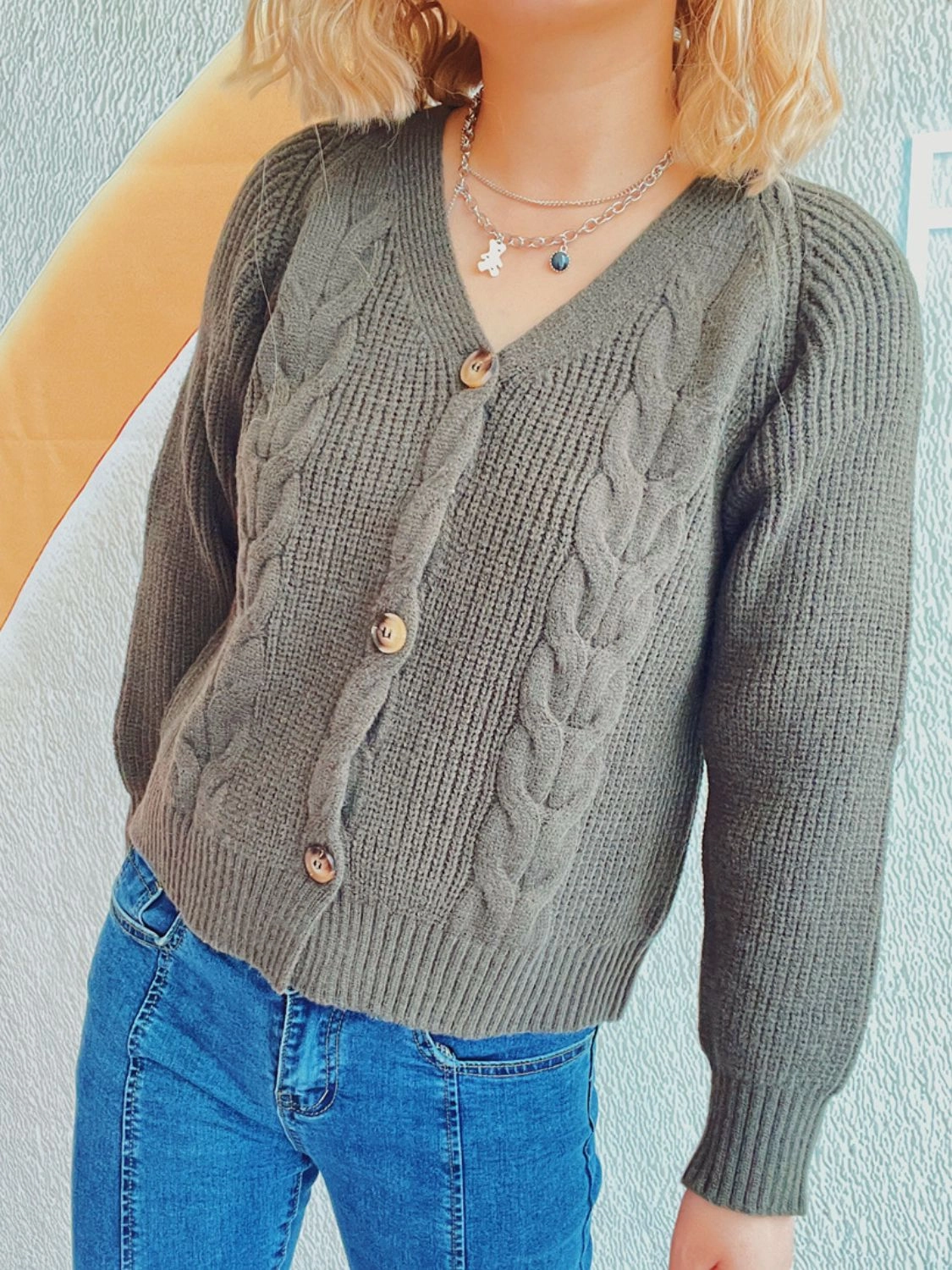 Cable-Knit V-Neck Button Down Long Sleeve Cardigan Trending Today Steal Perfect Gift Sale