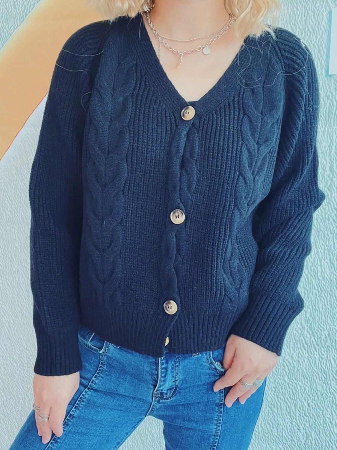 Cable-Knit V-Neck Button Down Long Sleeve Cardigan EndofWeek Deals
