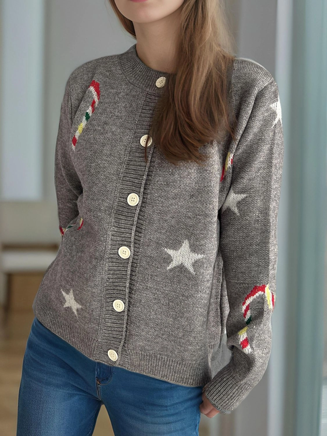 Candy Cane & Star Button Down Long Sleeve Cardigan Grab It Now