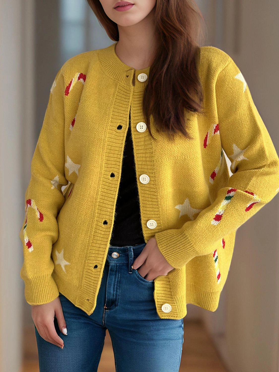 Grab It Fast Today Only Steal Candy Cane & Star Button Down Long Sleeve Cardigan