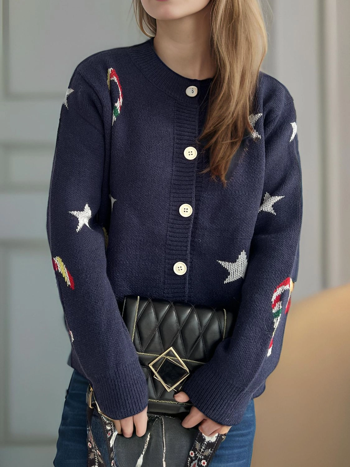 Flash Deal Alert Limited Stock Hot Deal Candy Cane & Star Button Down Long Sleeve Cardigan
