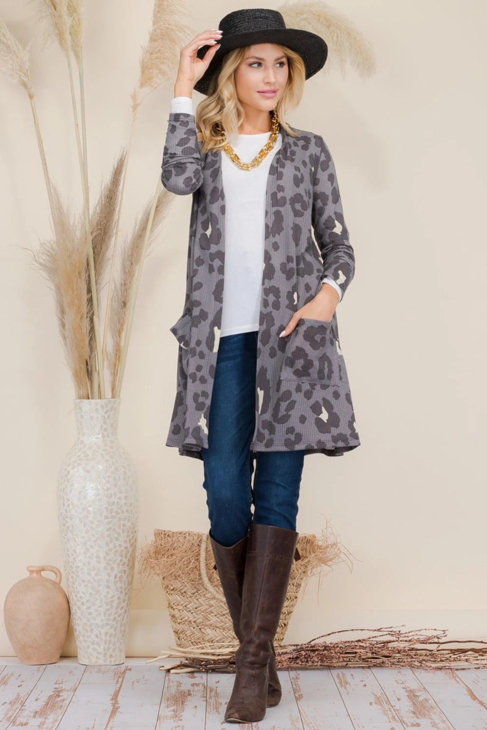 MustHave Gift Ideas Celeste Full Size Leopard Open Front Contrast Cardigan